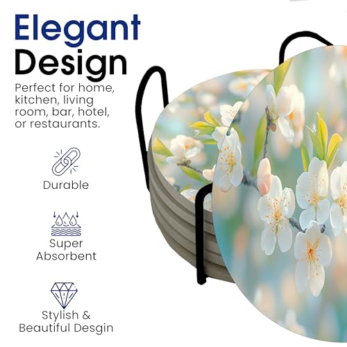 Spring Season Flowers Round Coasters Set of 6 - Abosrbent Ceramic Coasters with Metal Stand for Drinks, Coffee, Non-Slip Cork Back for Tabletop Protection, 4 Inches (Bloom) - color: Bloom