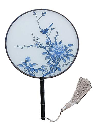 Seres Classic Round Fan,Wood Fan Rib&Semi-Transparent Silk Cloth,10+ Optional Patterns,Diameter 8.3in,团扇 (3.Bird on Blooms) - color: 3.Bird on Blooms
