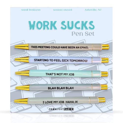 Moonlight Makers Office Pens, Black Ink Ballpoint, Set of 5, Work Sucks - color: Work Sucks