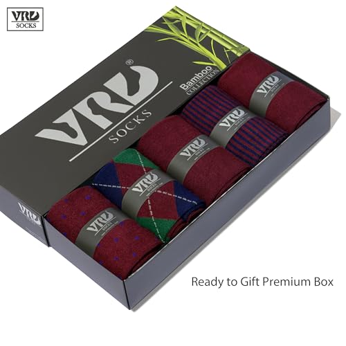VRD Men's Dress Socks Bamboo Rayon, 5-Pack Crew Socks, Multiple Colors and Designs, Shoe Size 8-13, Gift Box - color: 09: Burgundy, 5-pack Mix (2 Solid, 1 Striped, 1 Dotted, 1 Argyle)