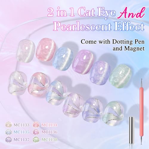 Double Rhythm Cat Eye Gel Nail Polish Set of 6 Same Color Same Bottle 0.5 Oz Shimmer Glitter with Magnet Holographic Reflective Magnetic UV Nail Polish Kit (Pearl Pink Blue Green Purple-T6-36) - color: Pearl Mermaid