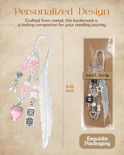 Buleens 2 Pack Bookmarks for Women Reading - Book Marks for Readers Book Lovers, Cute Y2K Pink Bow Strawberry Personalized Metal Bookmark with Pendants, Pretty Aesthetic Book Accessories Reading Gifts - color: Sliver Y2k Bow
