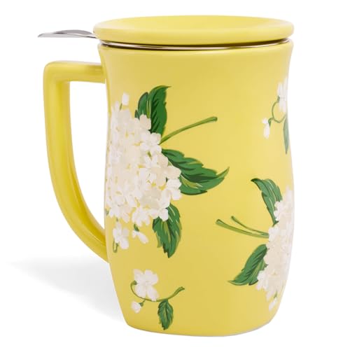 Tea Forte Ceramic Fiore Tea Cup with Infuser, Hydrangea, 14 oz - color: Hydrangea