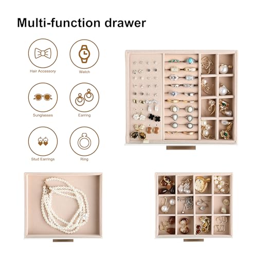 Frebeauty Jewelry Box for Women,Clear Lid Jewelry Organizer with 3 Drawers - color: Beige, size: 3 Drawer