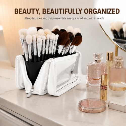 YDR Travel Makeup Brush Holder, Standing Makeup Brush Bag with Clear Window, Detachable Dividers, Large Capacity PU Leather Makeup Brush Case for Women & Makeup Artists - color: White