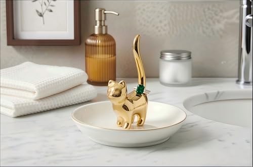 ROSA&ROSE Cat Ring Holder Jewelry Dish for Mom,Ceramic Ring Dish Trinket Tray for Jewelry, Mothers Day Gift for Mom Wife Grandma Cute Vanity Organizer Dish - color: Yellow Gold