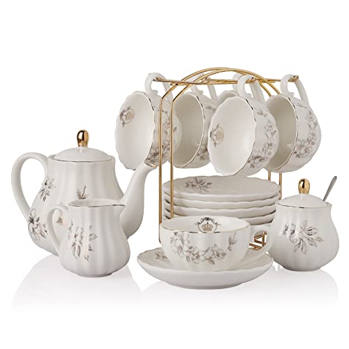Porcelain Tea Sets British Royal Series, 8 OZ Cups & Saucer Service for 6, with Teapot Sugar Bowl Cream Pitcher Teaspoons and Tea Strainer, Suitable for High Tea, Wedding, Party（Morning glory） - color: Morning Glory Flower