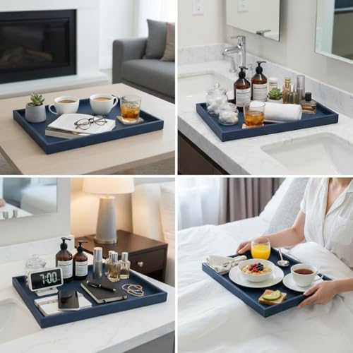40 * 20 Inch Rectangular Ottoman Tray | Textured PU Leather, Waterproof & Heat-Resistant Storage for Coffee/Dining Tables, Sofa, Bed, Entertainment & Party (Navy Blue, 40 * 20in) - color: Navy Blue, size: 40" x 20" x 1.1"