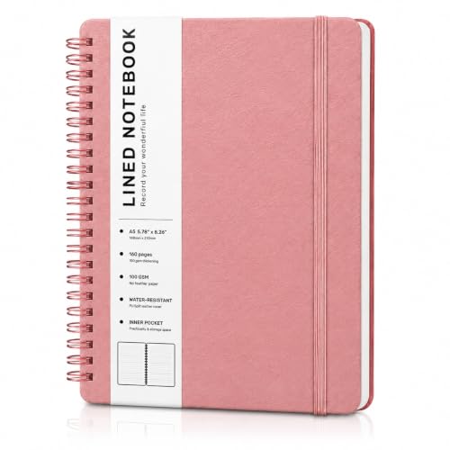 Lined Spiral Notebook for Women, A5 College Ruled Leather Spiral Journals - color: Light Red, size: A5