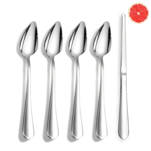 Berglander Grapefruit Spoons and Grapefruit Knife 5 Pieces, Stainless Steel Grapefruit Spoon Utensil Set, Serrated Edge Thick Handle Tool for Grapefruit, Kiwi, Apple, Citrus Fruit & Dessert