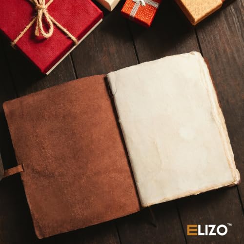 ELIZO Vintage Leather Bound Journal for Men & Women, Book of Shadows Grimoire Journal, Strap Closure-200 Handmade Deckle Edge Pages Genuine Leather Sketchbook Notebook, Teak Brown, 6X8 Inches - size: 6x8 (Strap Closure)