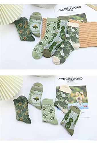 Vintage Embroidered Floral Socks for Women Combed Cotton Crew Socks - color: 5 Pairs - Green