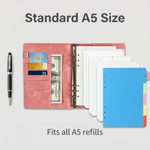 A5 6 Ring PU Leather Binder Notebook Refillable Planner Organizer, Budget Binder with Pockets Dividers Refill Paper for Office School Travel Diary (Pink) - color: Pink