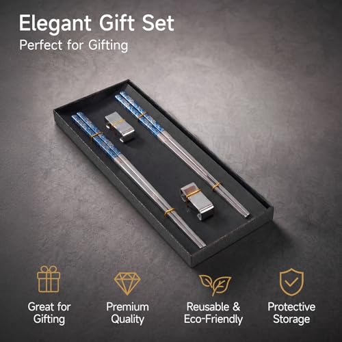 JEETEE Metal Chopsticks, 2 Pairs Stainless Steel with Holder - color: Blue