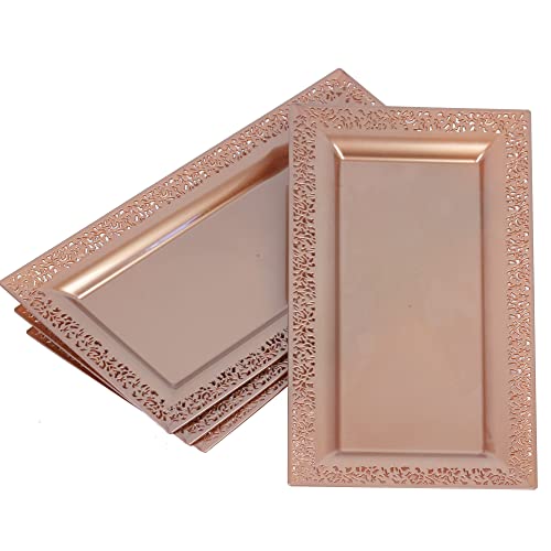 (12 pk) 14" x 7.5" Rose Gold Lace Rim Plastic Serving Trays & Platters | Heavy Duty Disposable Decorative Dessert Tray - Party Platters for Upscale Parties Weddings - color: Rose Gold Lace, size: 12 Pack