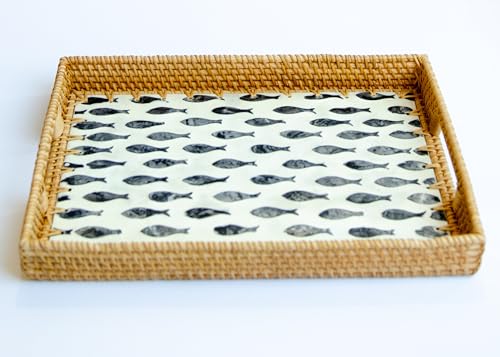 Magenta & Teal Decorative Rectangle Rattan Serving Tray 13x9 inch Mother of Pearl Inlay, Wicker Coffee Table Decor, Farmhouse (Navy Fish) - color: Navy Fish