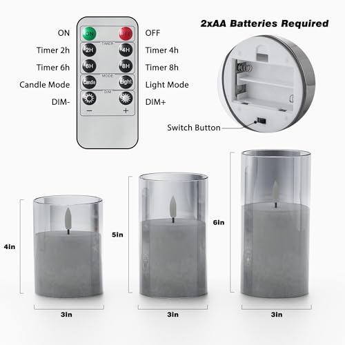 Battery Operated Flameless Candles with Remote & Timer, Grey Glass 3Pack - color: Gray
