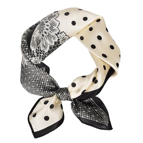 Women 100% Mulberry Silk Neck Scarf 21" Square Floral Neckerchief - color: White Lace Polka Dot