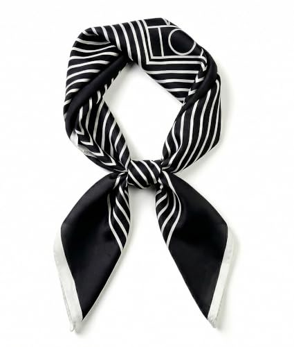 corciova Women’s Square Scarf 27.5 in (70 x 70 cm), Satin-Feel Polyester, Lightweight Fashion Scarf for Hair, Neck and Bag - color: Geometric Stripe (Black / White)