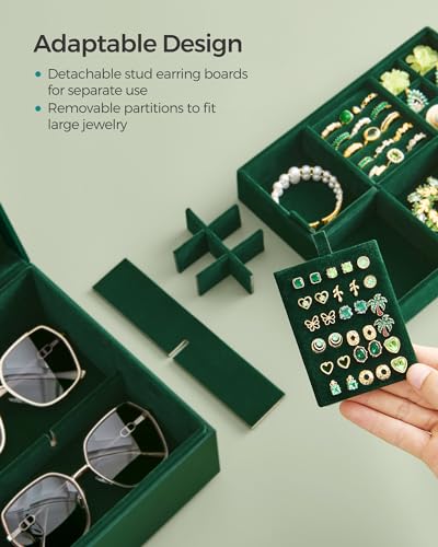 SONGMICS 2-Layer Jewelry Box with Handle, Removable Tray, Floating Effect - color: Forest Green