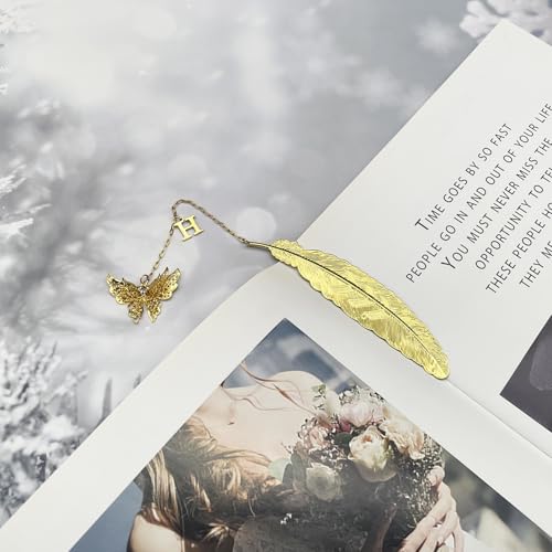 Initial Letter and Butterfly Charm Metal Feather Bookmark (Gold-H) - style: Gold-H