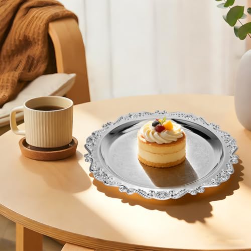 ABOOFAN Vintage Silver Dessert Tray Set of 2, 9.8Inch Round Metal Platter - size: 9.8"