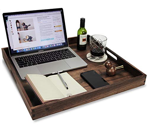 19"x 19" Large Black Walnut Square Ottoman Serving Tray with Handles - color: Walnut