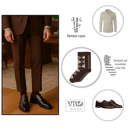 VRD Men's Dress Socks Bamboo Rayon, 5-Pack Crew Socks, Multiple Colors and Designs, Shoe Size 8-13, Gift Box - color: 07: Dark Brown, 5-pack Mix (2 Solid, 1 Striped, 1 Dotted, 1 Argyle)
