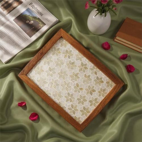 42x32CM White Rectangle Mother of Pearl Inlay Serving Tray with Wood Border - color: White Floral