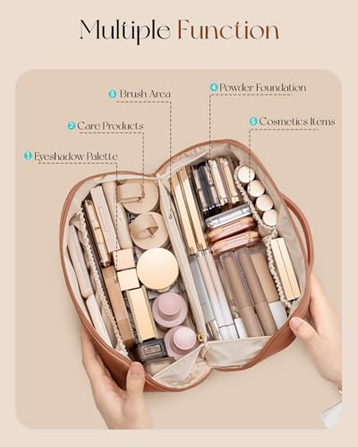 VLANDO Makeup Bag for Women with Open Flat Layout,Zipped TPU Pocket,Brown - color: 02.Brown
