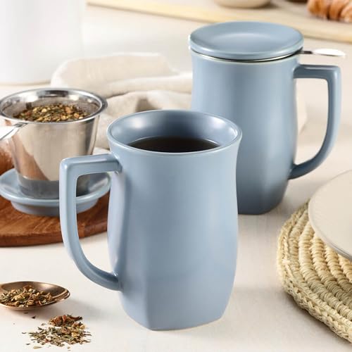 Tea Forte Ceramic Fiore Tea Cup with Infuser, Stone Blue, 14 oz - color: Stone Blue