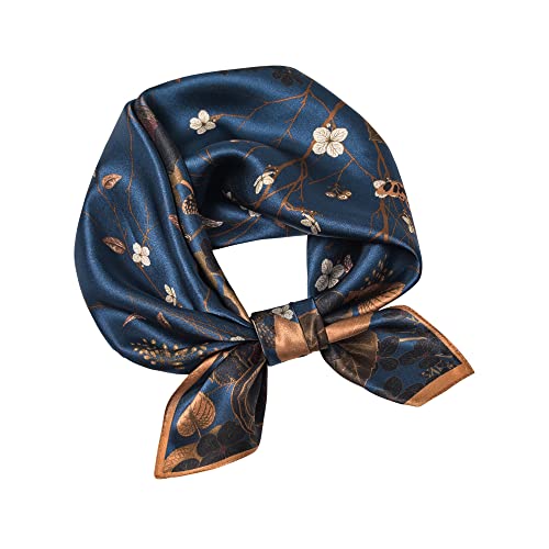 100% Mulberry Silk Scarf - 25.6" Square Neckerchief & Headscarf Gift Packed - color: Night Flowers