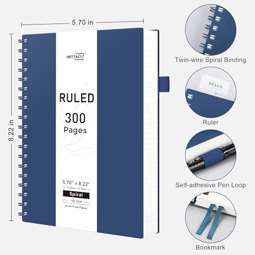 RETTACY Spiral College Ruled Notebook, 300 Pages, A5 Size (5.7" x 8.2") - color: Navy Blue, size: 5.7" x 8.2"