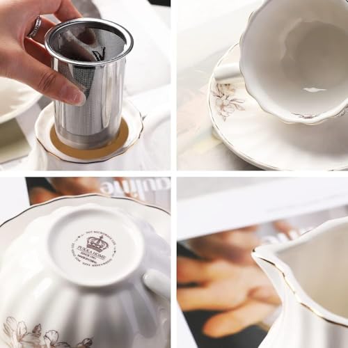 Sweejar Porcelain Tea Sets British Royal Series, 8 OZ Cups & Saucer Service for 6, with Teapot Sugar Bowl Cream Pitcher Teaspoons and Tea Strainer, Suitable for High Tea, Wedding, Party（Beige） - color: Beige