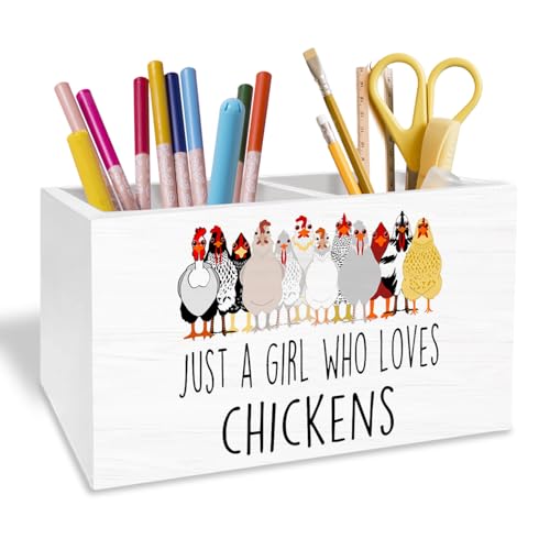 Funny Chicken Pen Holder for Desk, Chicken Lover Mom Lady Gifts Pencil Organizer, Just a Girl Who Loves Chickens Wooden Box Sign Desk Decor for Home Office Decoration - color: CHICKENS