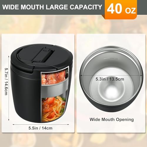 MAXSO Lunch Container 40 oz for Adults Stainless Steel Vacuum Insulated Food Jar, Soup Thermo for Hot Food Thermal Bento Box, Wide Mouth Leakproof Buckle Lid with Spoon - Black - color: Black