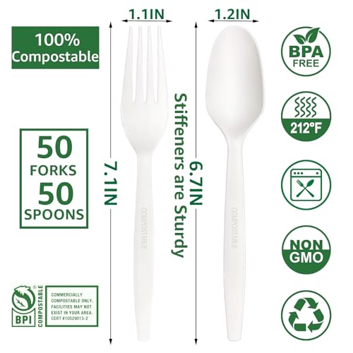 MISISIPI [7.1In 100Pcs] 100% Compostable Forks and Spoons Biodegradable Forks and Spoons HeavyDuty No Plastic Fork and Spoon Eco-friendly HeavyWeight Disposable Forks and Spoon Flatware Set - style: Forks Spoons-100