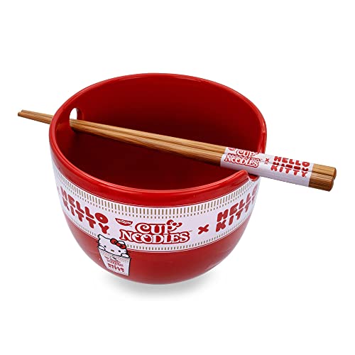 Silver Buffalo Sanrio Hello Kitty x Nissin Cup Noodles Red Ceramic Dinnerware Set | Includes Ramen Noodle Bowl and Wooden Chopsticks - color: Red