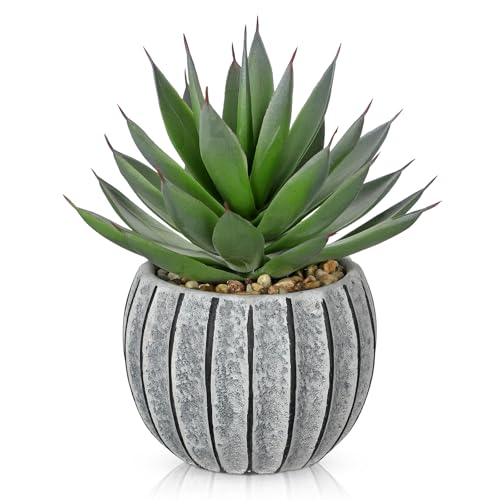 Briful Artificial Aloe Succulent Plant in Aged Cement-Look Ceramic Pot – 8" Tall Faux Agave Plant with Decorative Pebbles – Realistic Desk or Shelf Decor for Home, Office, Bathroom - color: Black Vintage Vase