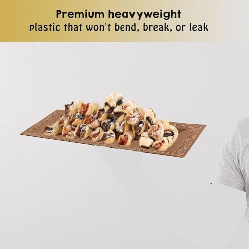 (12 pk) 14" x 7.5" Rose Gold Lace Rim Plastic Serving Trays & Platters | Heavy Duty Disposable Decorative Dessert Tray - Party Platters for Upscale Parties Weddings - color: Rose Gold Lace, size: 12 Pack