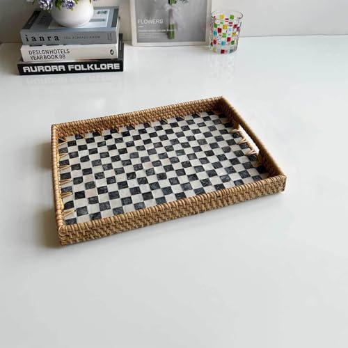 Handmade Mother of Pearl Rattan Serving Tray with Handles 13" x 9" Natural Shell Mosaic Pattern Ottoman Tray for Storage and Display of Coffee Bread Food Fruit (Black White Checkered) - color: Black White Checkered