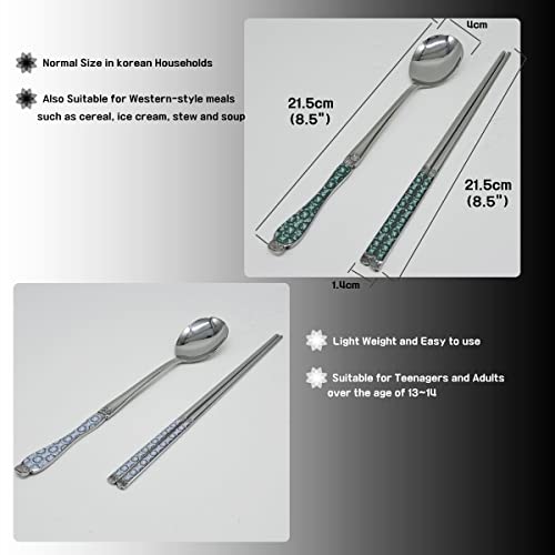 [Made in Korea] Goryeo Celadon Design Korean Table Sticky Rice Spoon and Chopsticks 430 Stainless Steel Glossy Surface Mukbang Cutlery (Blue, 5 Sets) - style: Blue, 5 Sets