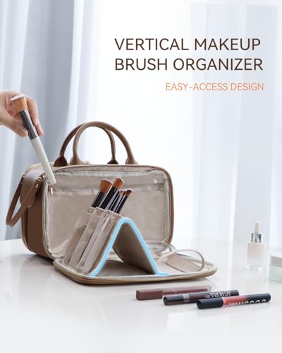 Prite Large Makeup Bag, Waterproof Travel Cosmetic Case with Brush Holder - color: Brown, size: Large