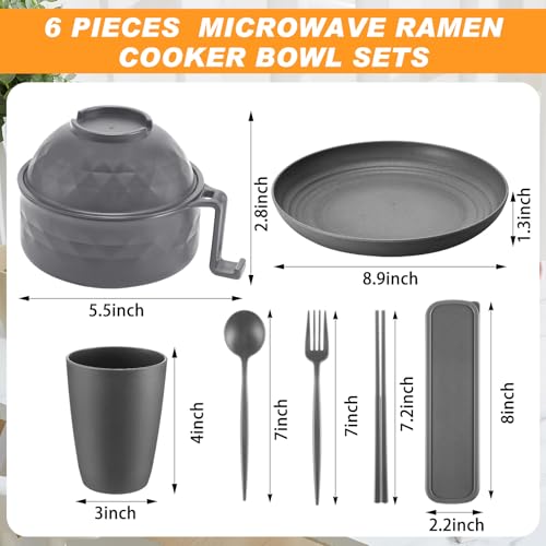 6 Pcs Microwave Ramen Cooker Set 40oz Bowl, Grey - color: Gray