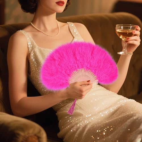 whitefeather Vintage Feather Hand Fan, 17.7 x 11.8 inches, Marabou Feathers, 1920s Style for Costume Parties, Tea Parties - color: Hot Pink