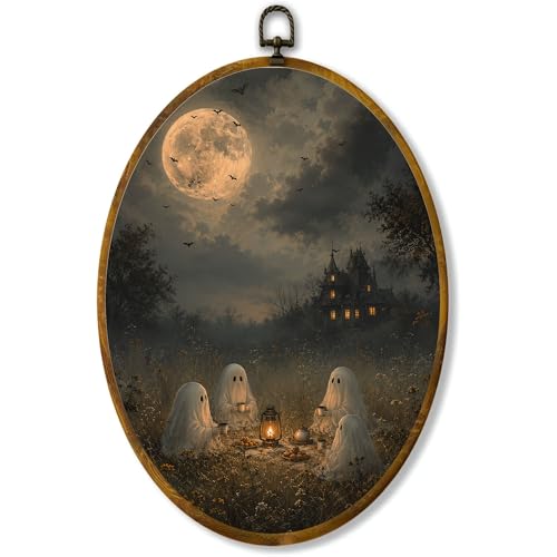 Ghost Tea Party Oval Wall Art, Framed Canvas Decor, 8.5x11.5 Inch - color: Ghost Tea Party Haunted House