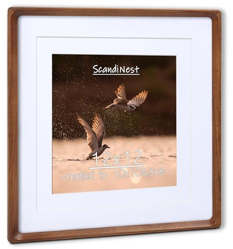 Square 12x12 Picture Frame, USA-Sourced Natural Walnut Wood with Real Glass, Handcrafted Rounded Corners, Matted to 8x8/10x10 Photos, Gallery Wall Poster Frame and Tabletop Display - color: Walnut, size: 12X12