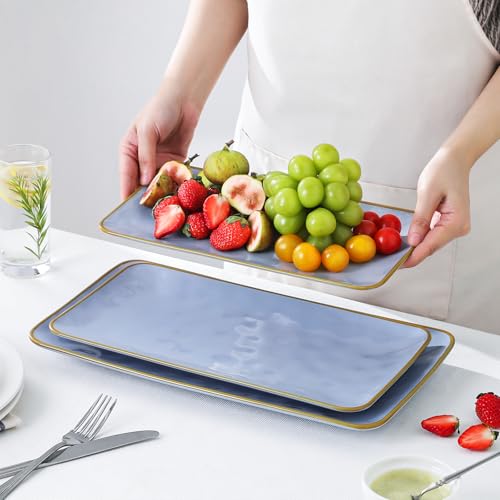 Ceramic Rectangle Serving Platter: 15.6/14.1/12.6 Inch Large Serving Dishes for Entertaining Party, Turkey, Cheese, Sushi, Snack and Dessert, Microwave Dishwasher Safe, Blue - color: Blue, size: Rectangle