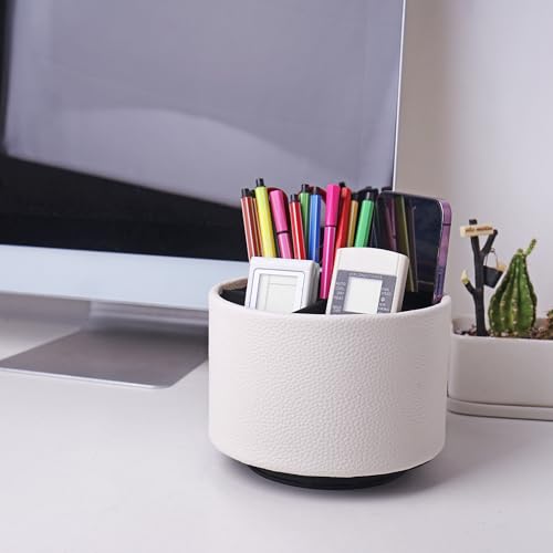 Round Leather Art Supply Organizer,Remote Control Holder,360 Degree Spinning,Multi-Functional Pencil Holder,4 Compartments Desktop Stationary Organizer(1-Lichee White) - color: 1-Lichee White