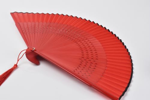 8.27" Top Green Bamboo Silk Folding Fan, Traditional Chinese/Japanese Handheld Fan for Daily Use, Decor & Gift (Red Silk Hand Fan+Case 1p) - color: Red Silk Hand Fan+Case 1p